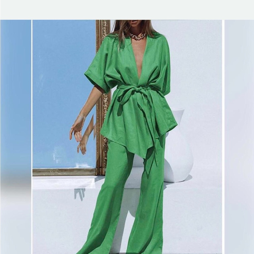 Commense kelly green linen wide leg pants & flowy tie top set